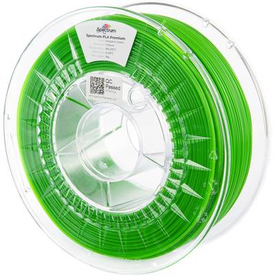 Un rouleau de filament vert pour imprimantes 3D étiqueté « Spectrum PLA Premium ». L'étiquette comprend un code QR et une marque « Contrôle Qualité Passé ».