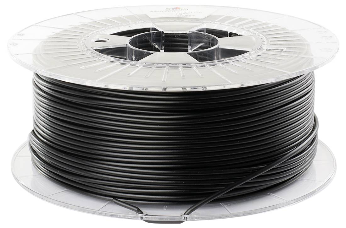 Une bobine de filament d'imprimante 3D noir sur un dévidoir transparent en plastique, montrant du filament soigneusement enroulé et prêt à être utilisé pour l'impression.