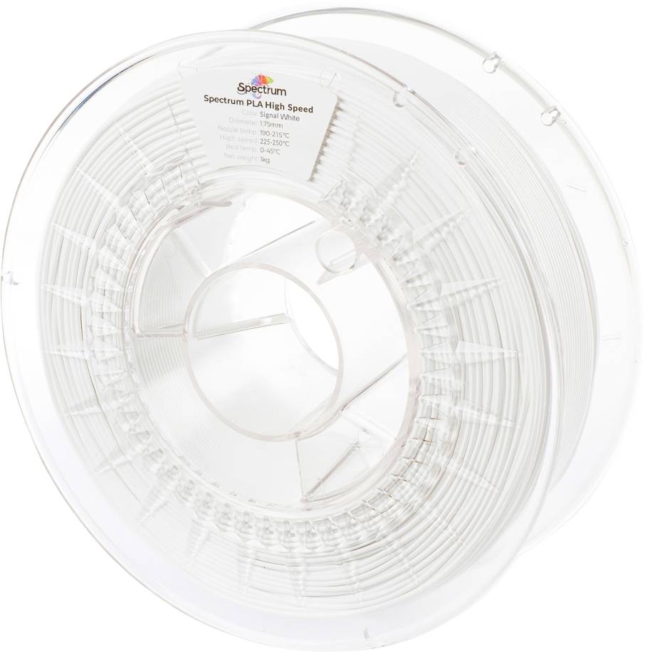 Une bobine transparente contenant du filament Spectrum PLA High Speed blanc pour imprimante 3D, vue de côté avec une étiquette visible.