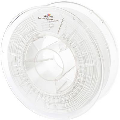 Une bobine transparente contenant du filament Spectrum PLA High Speed blanc pour imprimante 3D, vue de côté avec une étiquette visible.
