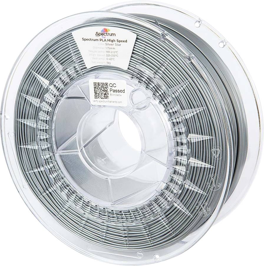 Bobine de filament pour impression 3D 'Spectrum PLA High Speed' en argent, avec une étiquette de contrôle qualité indiquant 'Contrôle Qualité Validé'.