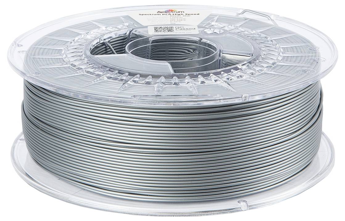 Une bobine transparente en plastique contenant un enroulement de filament d'impression 3D argenté. Le filament semble lisse et uniformément enroulé autour de la bobine.