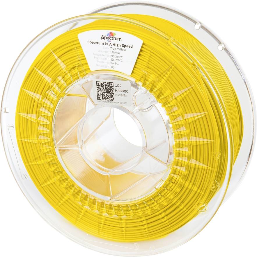 Un rouleau de filament PLA jaune pour imprimante 3D étiqueté « Spectrum PLA Haute Vitesse » avec un code QR et un autocollant de contrôle qualité.