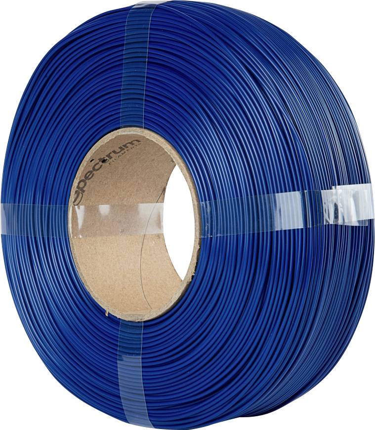 Un rouleau de fil plastique bleu, étroitement enroulé avec un cerclage transparent, possède un centre en carton. Utilisé à des fins électriques ou artisanales.