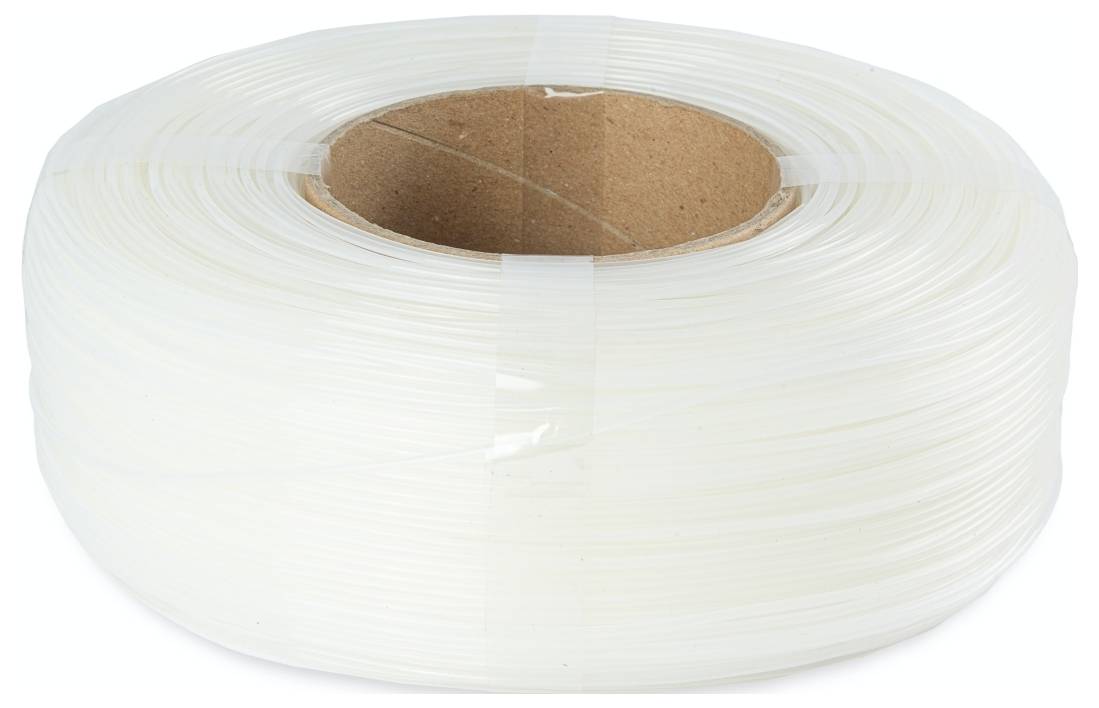 Un rouleau enroulé de filament plastique translucide avec un noyau en carton, utilisé pour l'impression 3D ou des applications similaires.