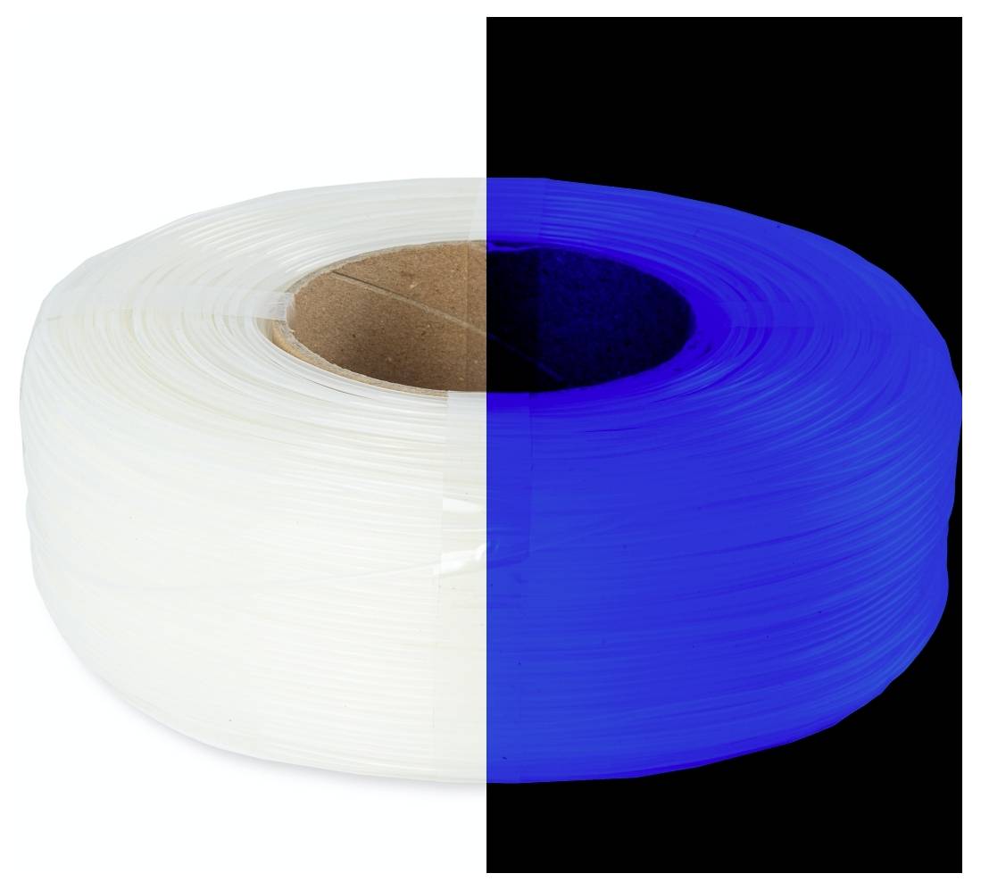 'Comparaison de bobines en plastique blanches et bleues, avec chaque moitié présentée respectivement sur les côtés gauche et droit, illustrant la différence de couleur.'