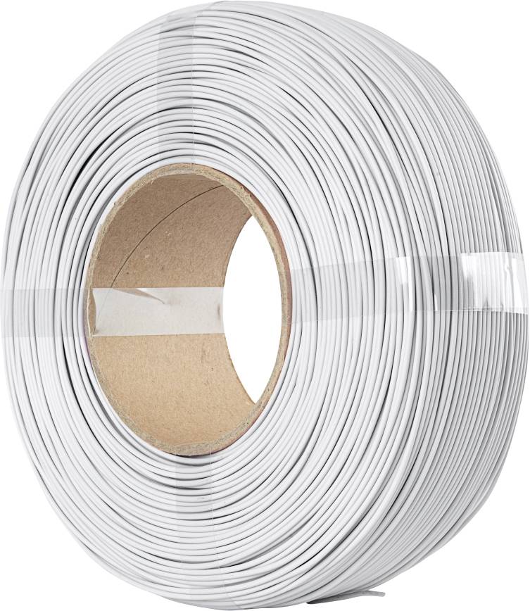 Un rouleau de fil électrique blanc, enroulé serré et maintenu par du ruban adhésif transparent, avec un noyau en carton visible au centre.
