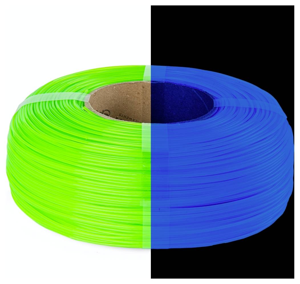 Une bobine de filament d'impression 3D divisée en deux sections : une moitié est vert vif et l'autre moitié est bleu luminescent, sur un fond noir.