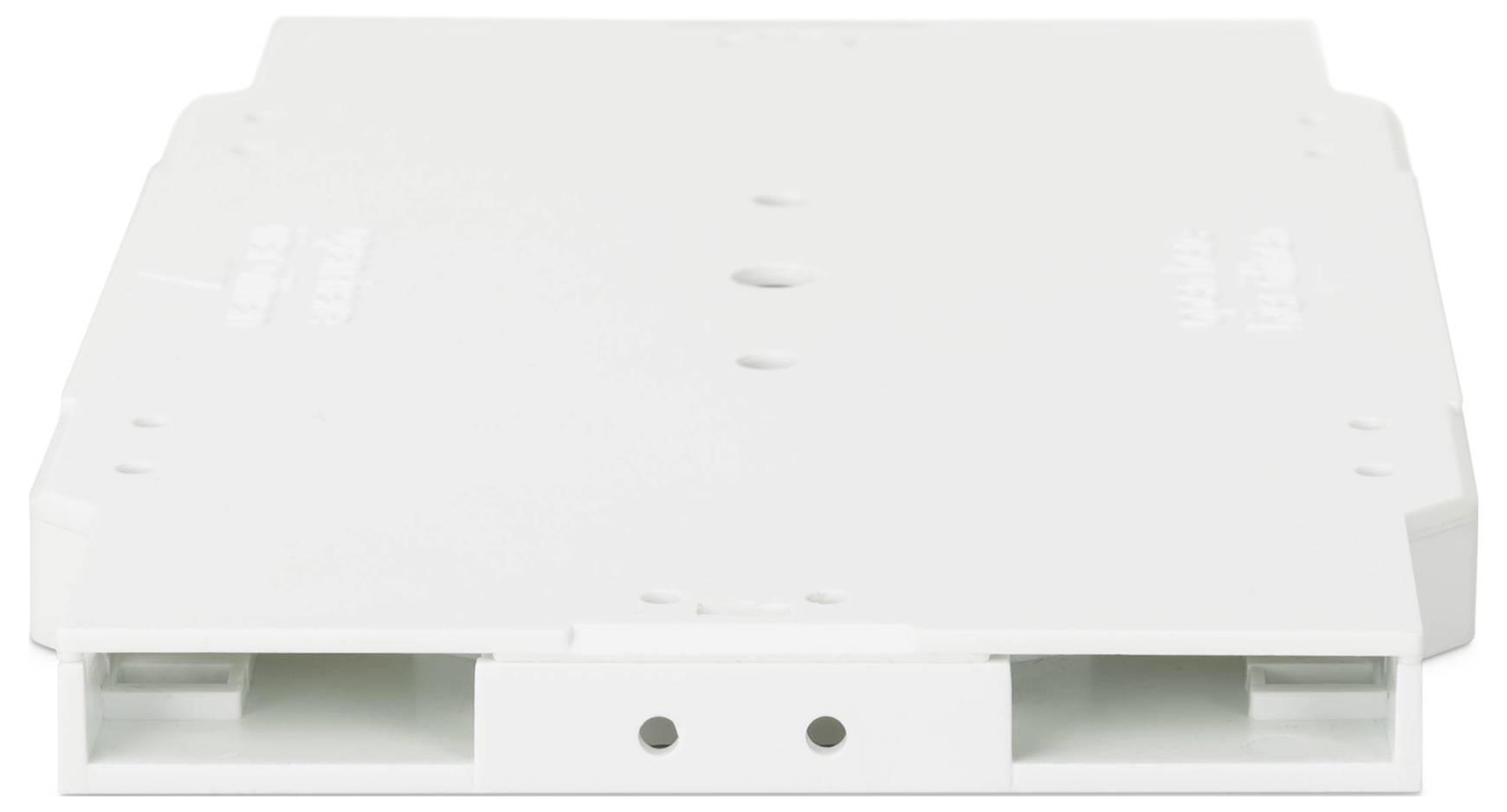 Un composant en plastique blanc à conception coulissante, doté de deux petits trous, probablement partie intégrante d'un ensemble mécanique ou électronique plus large.