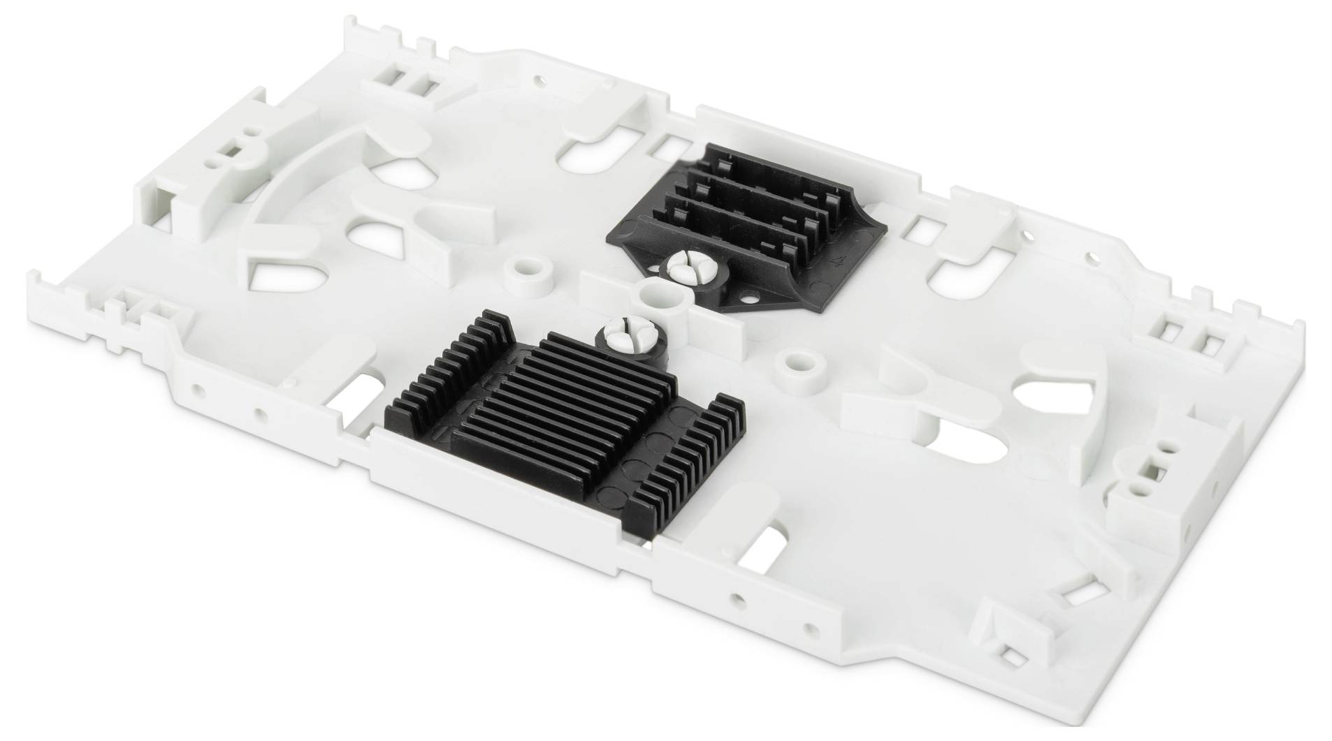 Un support de montage en plastique blanc avec des dissipateurs thermiques noirs pour composants électroniques, présentant des trous de fixation et des éléments de support structurel.