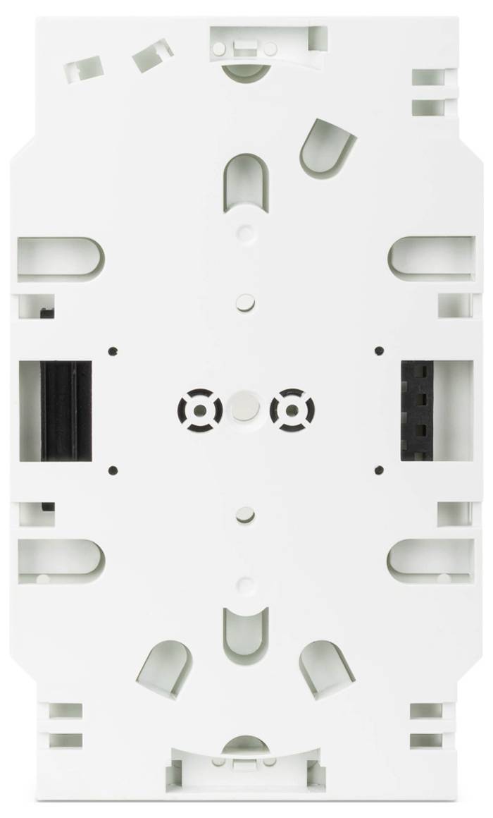 Un dispositif électrique blanc doté de plusieurs emplacements et trous de montage, conçu pour la connectivité des circuits imprimés.
