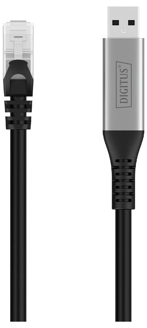 Un câble noir avec un connecteur USB à une extrémité et un connecteur RJ45 à l'autre, portant la marque 'Digitus' sur le boîtier USB.