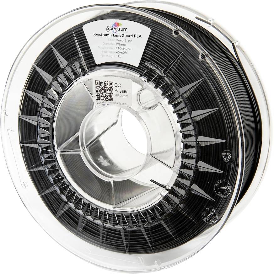 Une bobine de filament Spectrum 3D étiquetée « Spectrum Filament Guard PLA », couleur « Noir Profond », avec des recommandations de température imprimées sur l'étiquette.