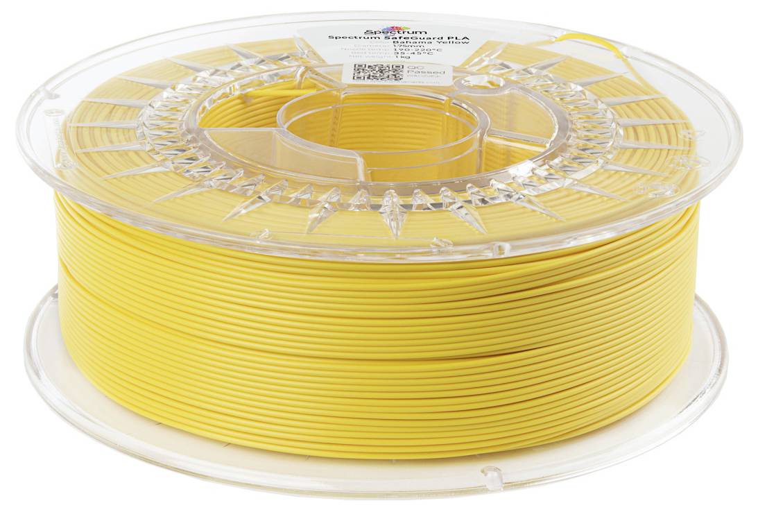 Une bobine de filament d'impression 3D jaune étiquetée « PLA », utilisée pour les imprimantes FDM, avec une bobine transparente présentant un code-barres sur le dessus.