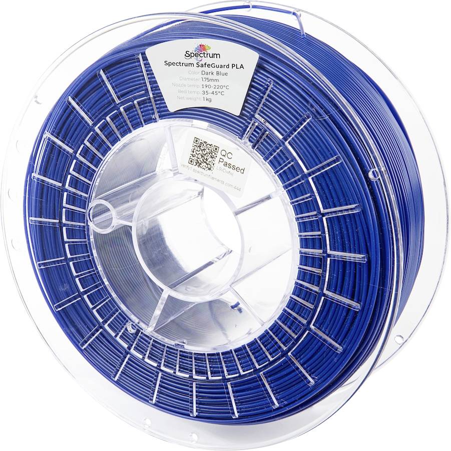 Un rouleau de filament PLA Spectrum SafeGuard en bleu foncé, étiqueté avec la plage de température (190-220°C) et le poids (1 kg).