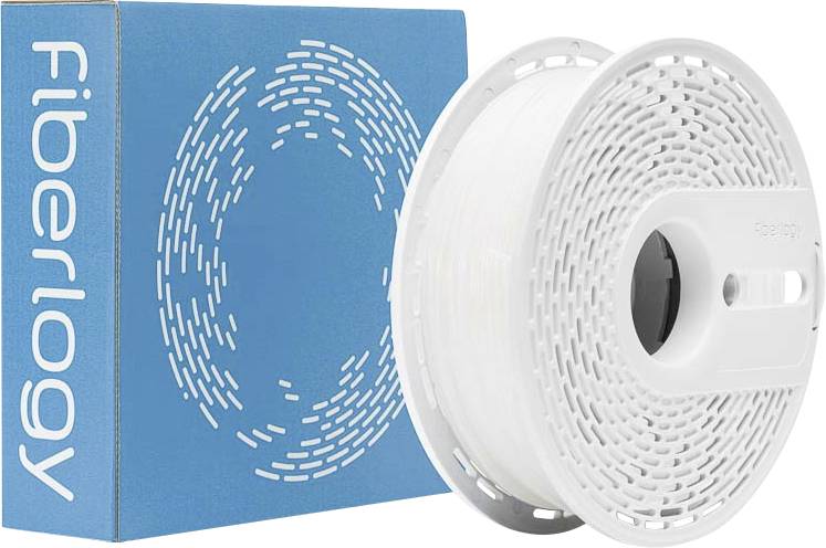 Un rouleau de filament d'impression 3D blanc avec une boîte bleue étiquetée 'Fiberlogy' en arrière-plan.