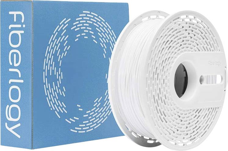 Bobine de filament 3D blanc à côté d'une boîte bleue étiquetée « Fiberlogy ».