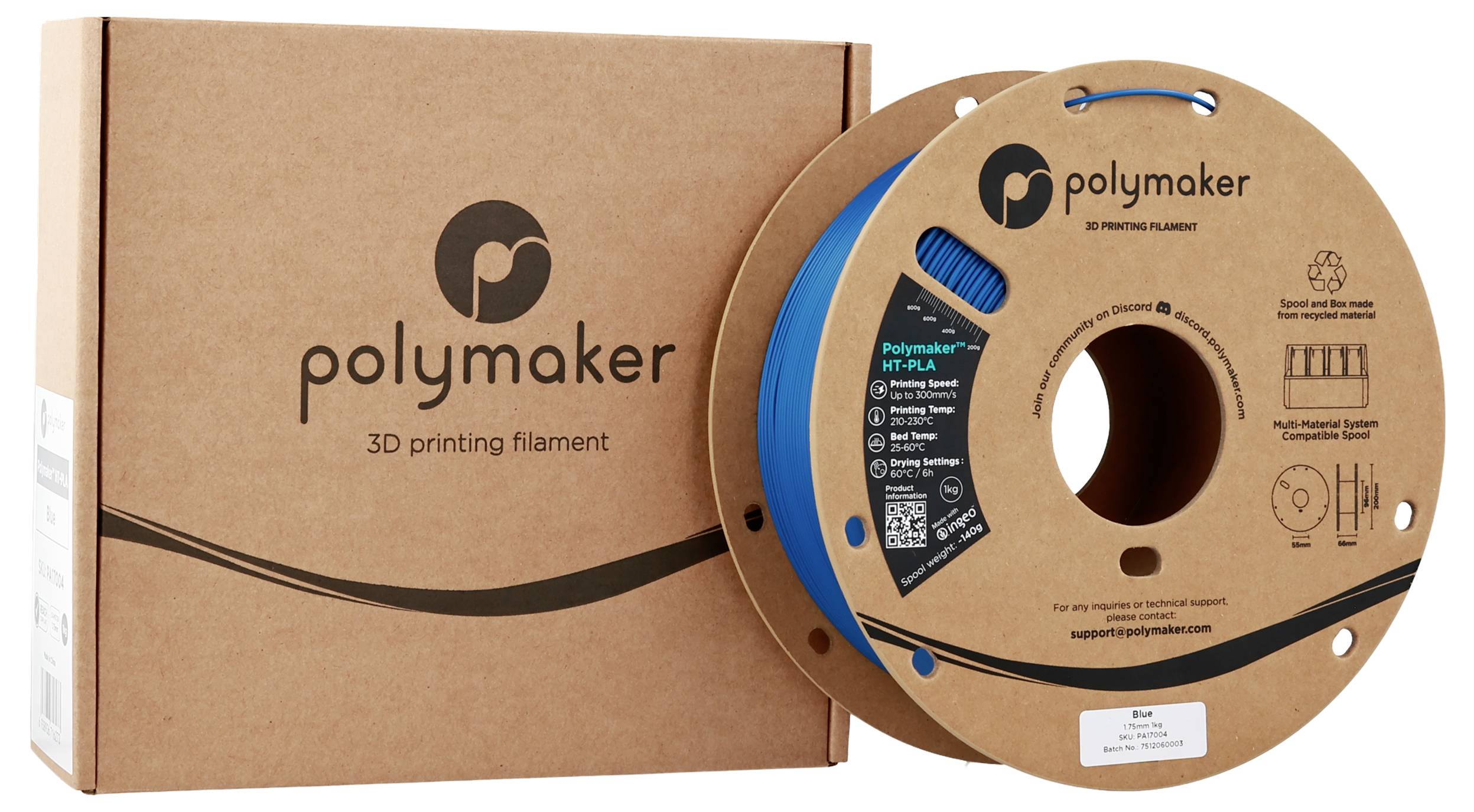 Une boîte et une bobine de filament d'imprimante 3D Polymaker, présentant un filament bleu et les détails du produit, y compris la compatibilité et les informations de contact.