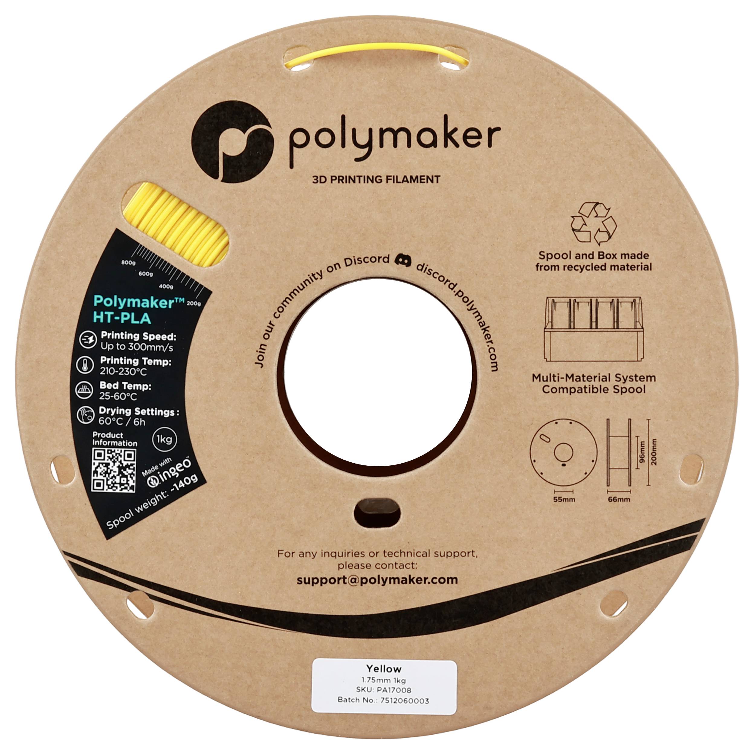 Une bobine de filament d'impression 3D Polymaker jaune, type HT-PLA. L'étiquette fournit des spécifications telles que le diamètre, la température d'impression et les dimensions de la bobine.
