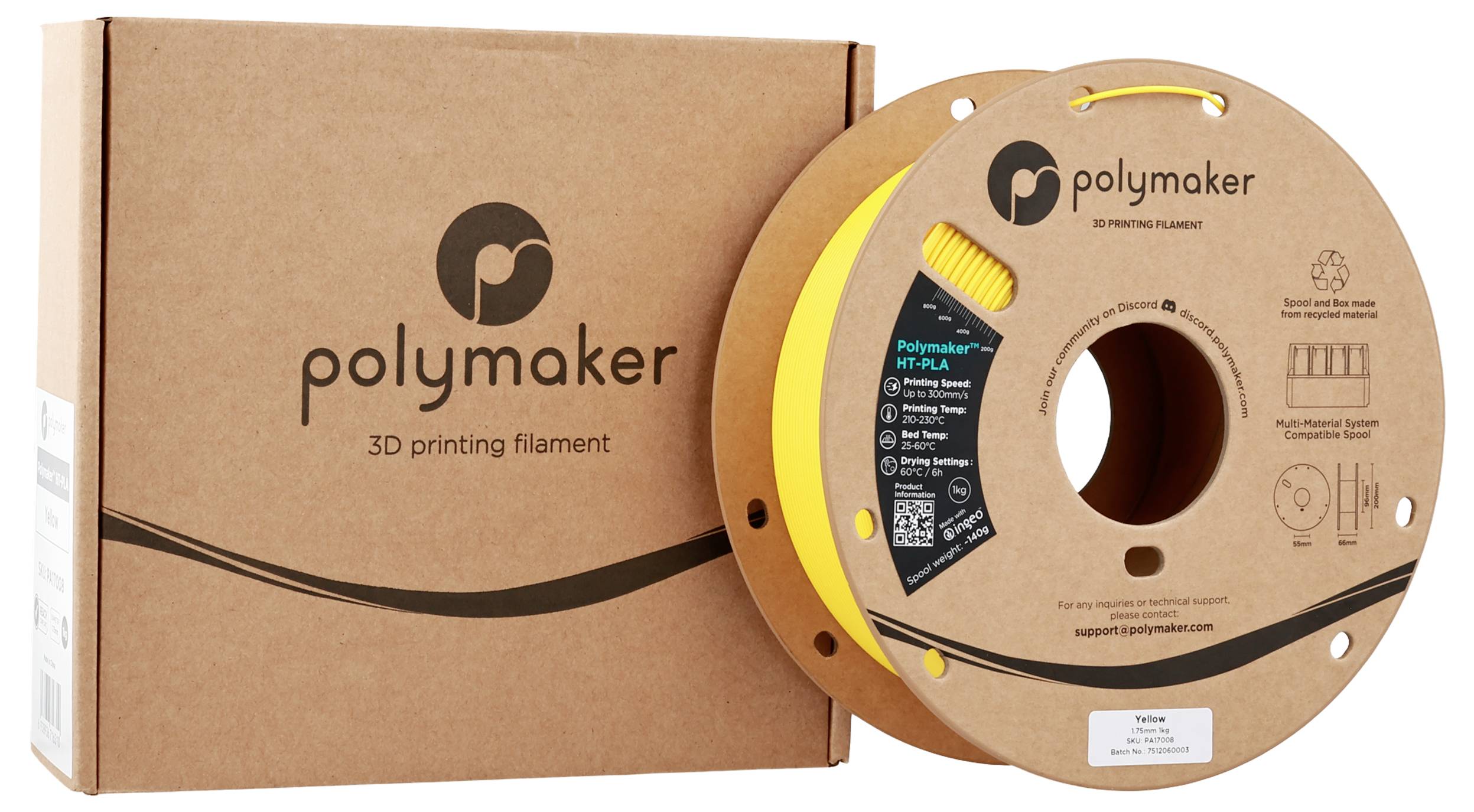 'Boîte et bobine de filament d'imprimante 3D Polymaker, étiquetées avec les informations produit et les spécifications.'