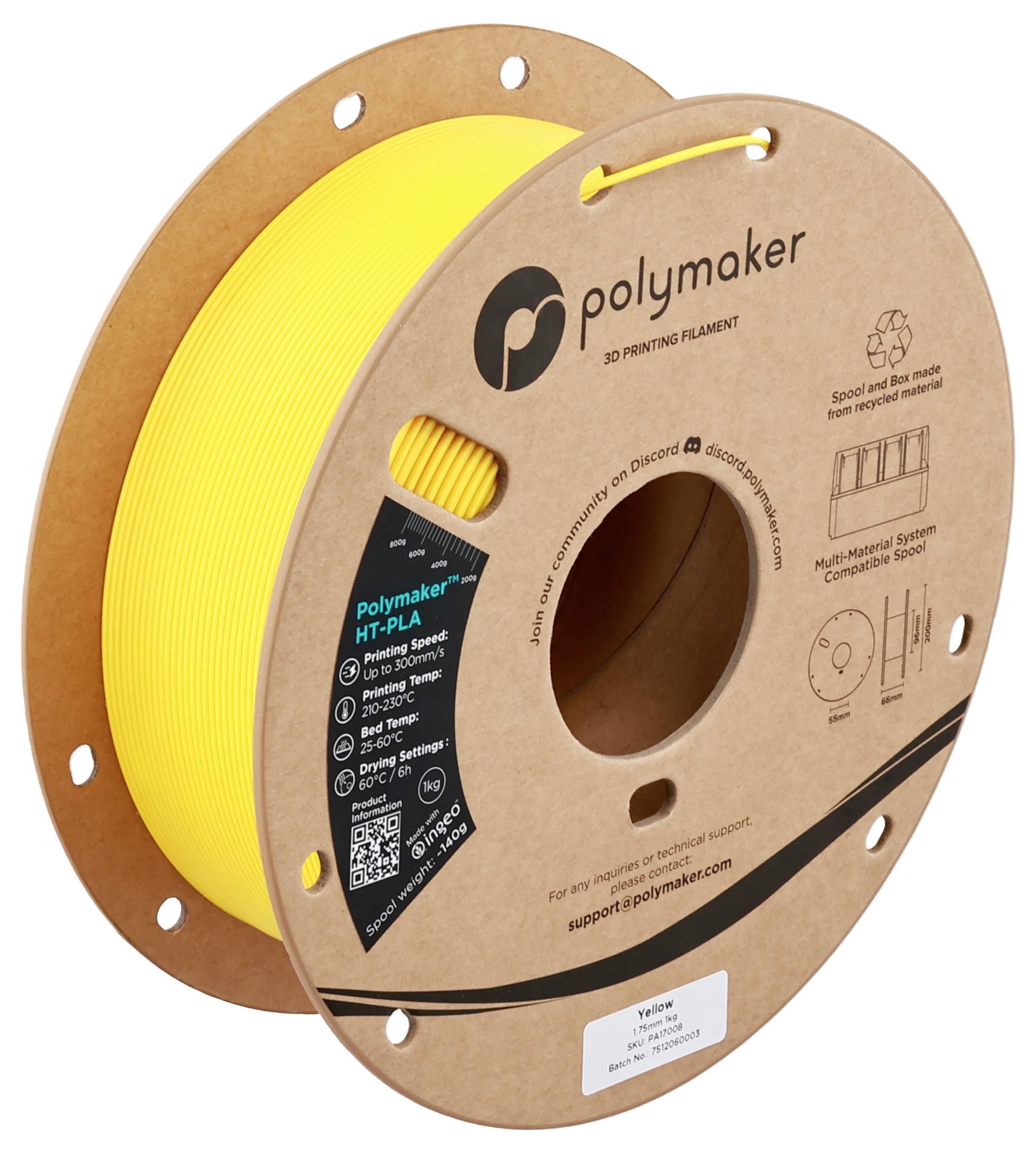 Une bobine de filament d'impression 3D jaune Polymaker, HTPLA, présentant les détails du produit et les informations de contact d'assistance sur l'emballage en carton.