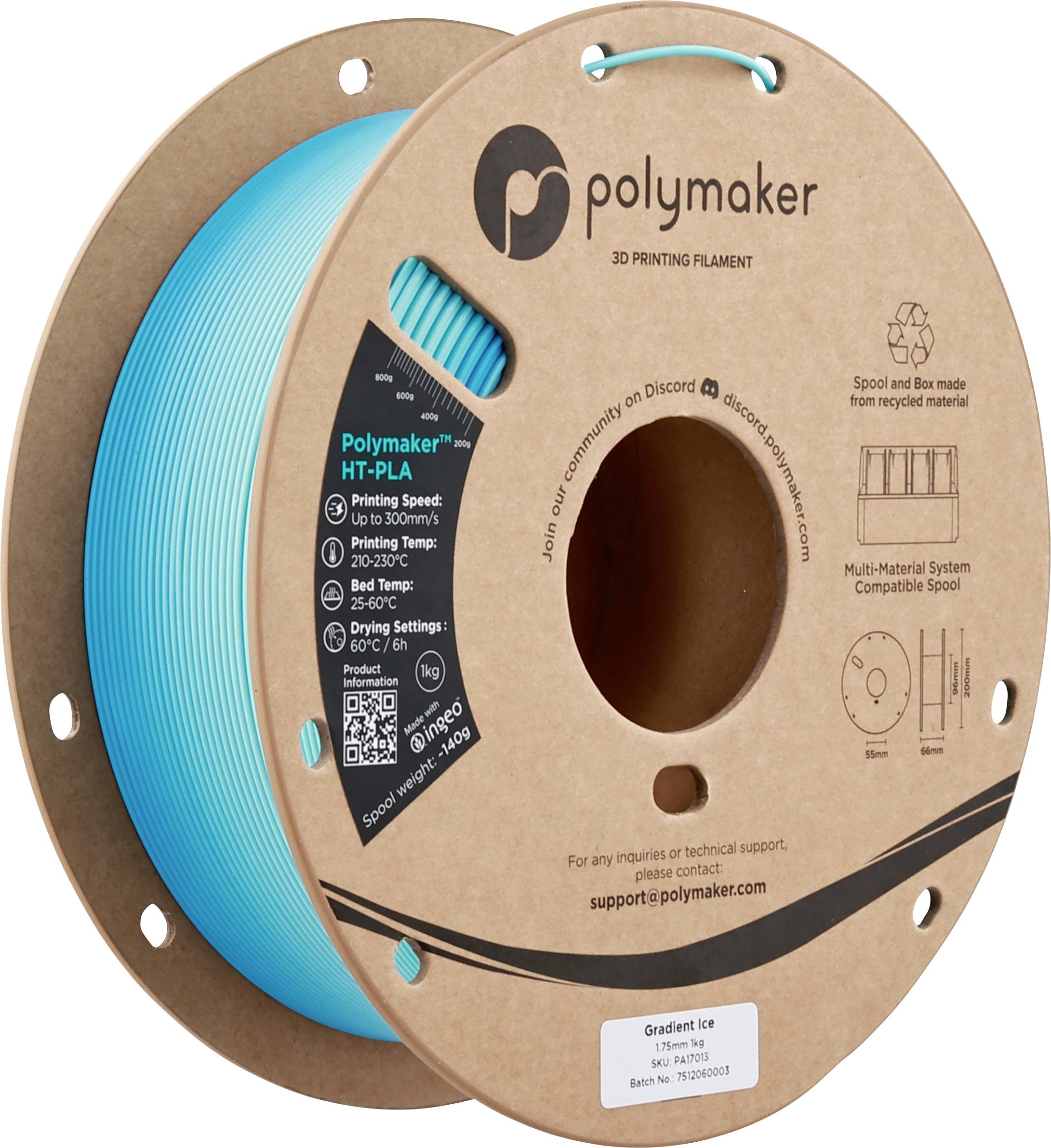 Bobine de filament d'imprimante 3D bleu Polymaker avec des spécifications telles que la vitesse d'impression et la température ; l'emballage en carton met en évidence l'aspect respectueux de l'environnement.