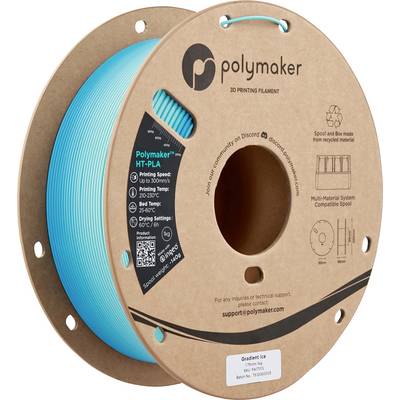 Bobine de filament d'imprimante 3D bleu Polymaker avec des spécifications telles que la vitesse d'impression et la température ; l'emballage en carton met en évidence l'aspect respectueux de l'environnement.