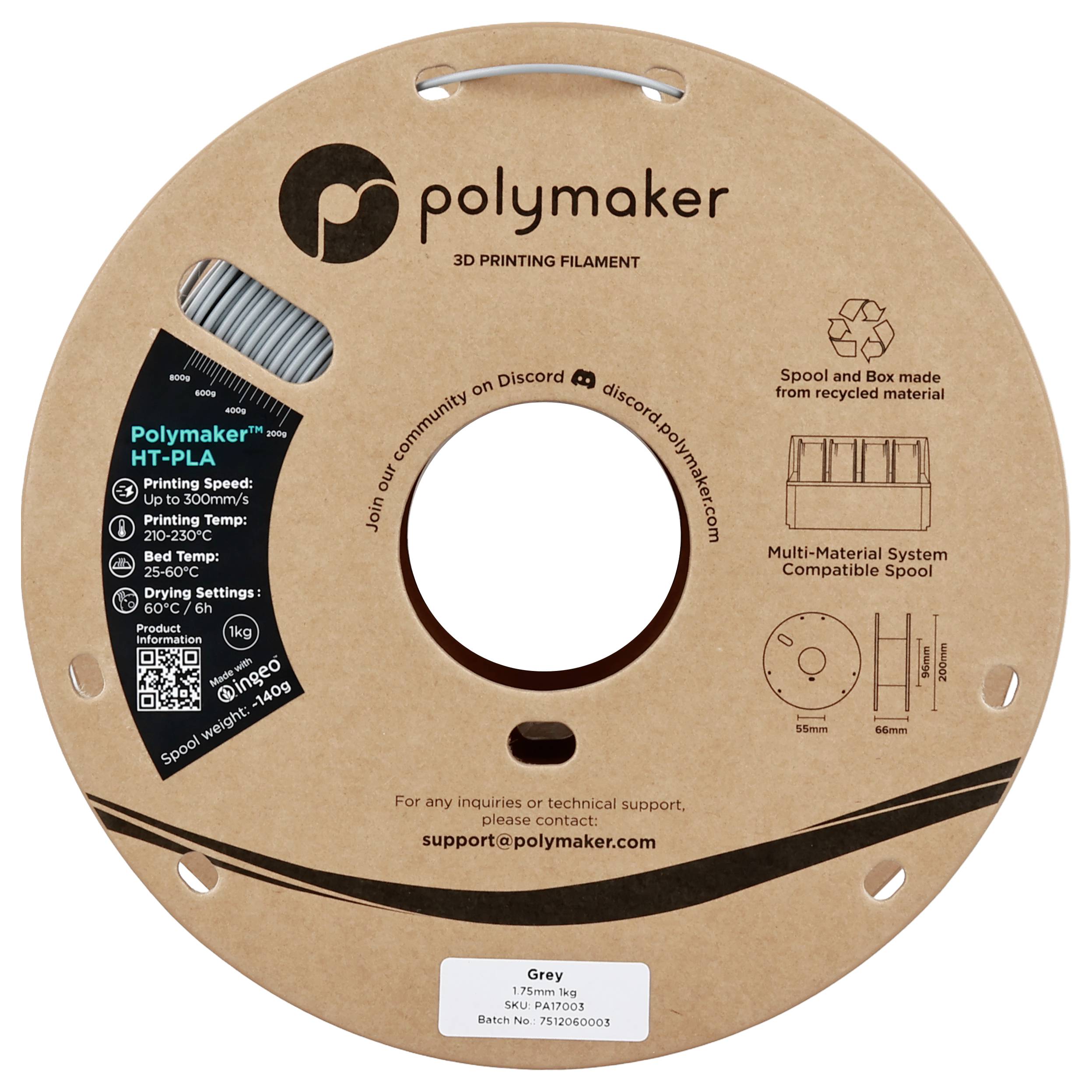 Bobine de filament d'impression 3D Polymaker HT-PLA, diamètre 1,75 mm, gris. Compatible avec les systèmes multi-matériaux et livré dans un emballage recyclable.