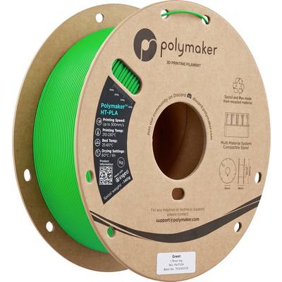 Bobine de filament d'imprimante 3D écologique de marque « Polymaker », HT-PLA, diamètre 1,75 mm. La surface présente des symboles de support et de recyclage sur l'étiquette.
