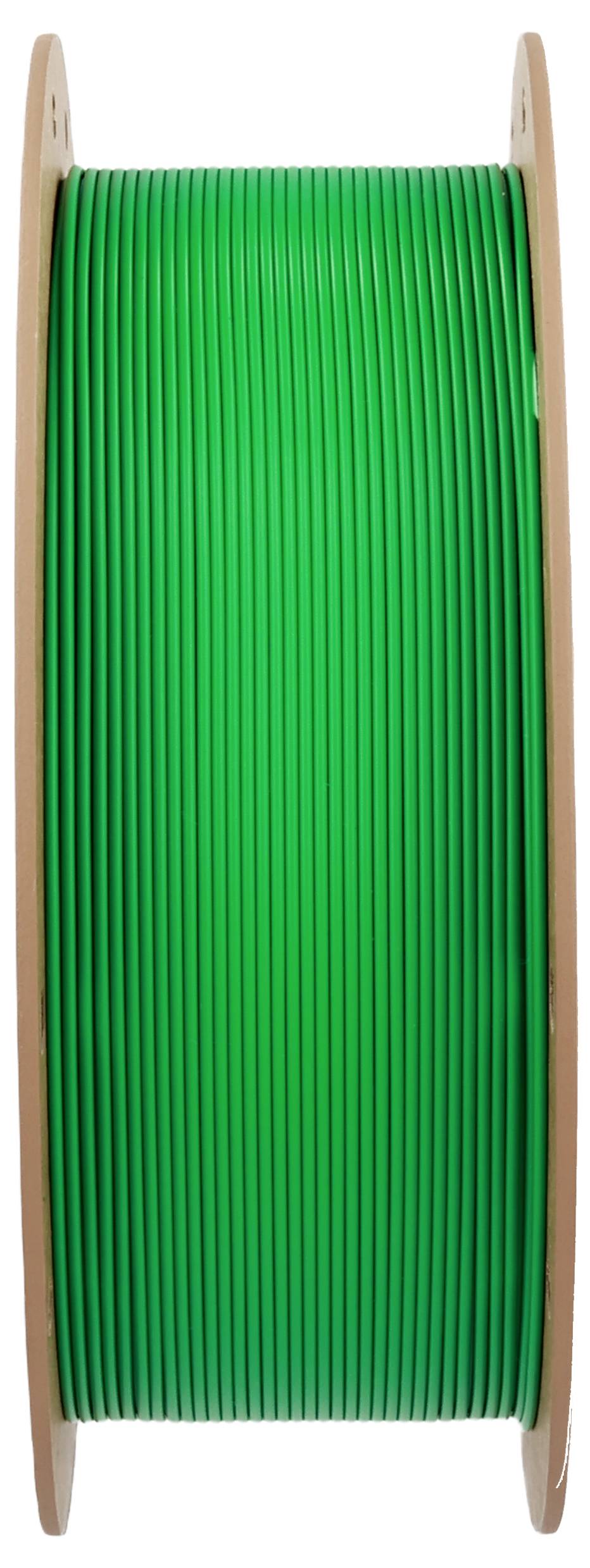 Une bobine de filament d'imprimante 3D vert enroulé soigneusement sur une bobine en bois, prêt à être utilisé dans des projets d'impression 3D.