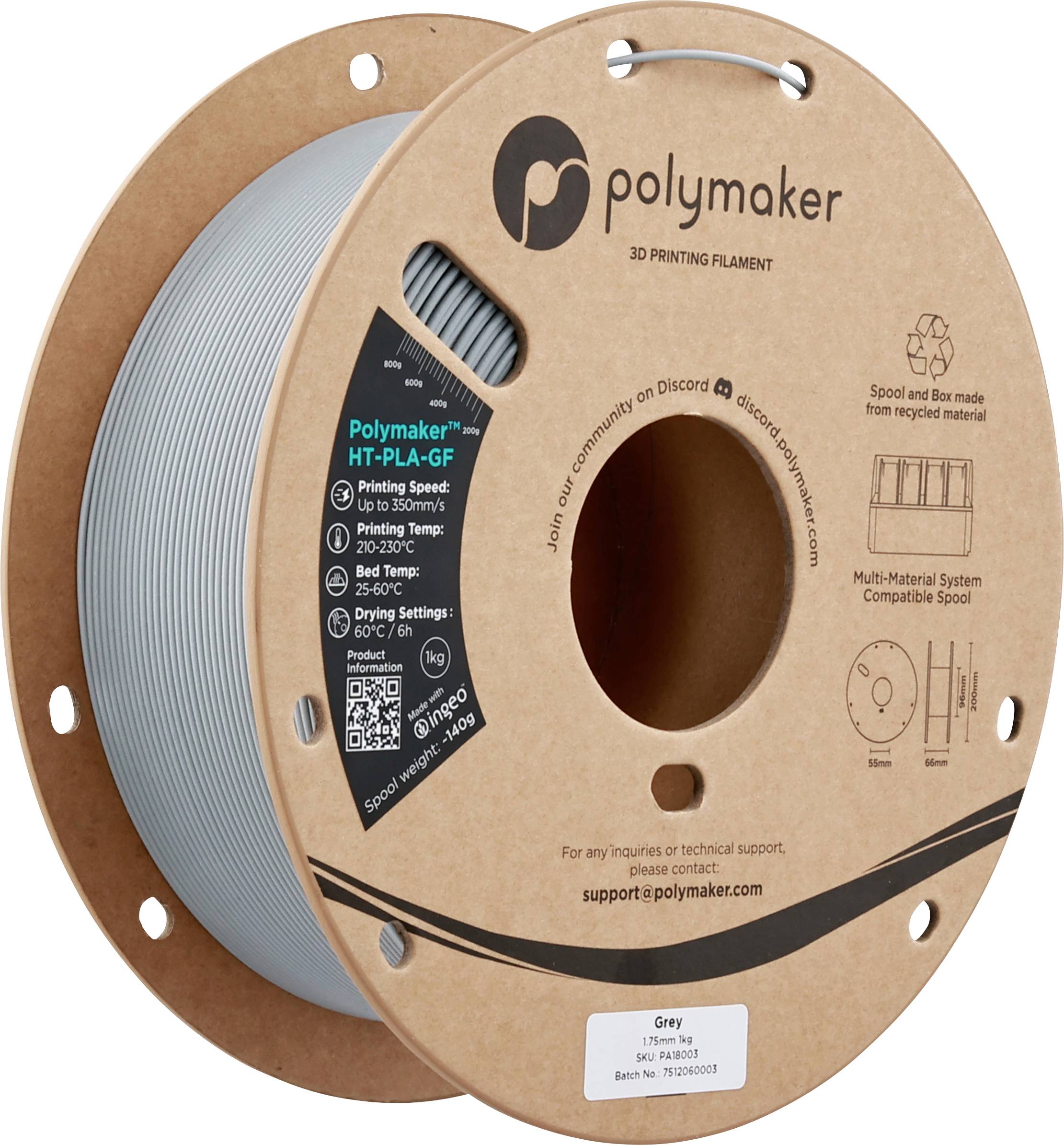 Polymaker PA18003 HT-PLA-GF Filament HT-PLA-GF résistant à haute température, renforcé de fibre de verre, mat, filament haute vitesse 1.75 mm 1000 g gris 1 pc(s)