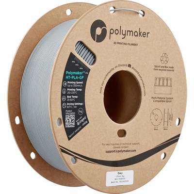 Bobine de filament d'impression 3D « Polymaker HT-PLA-GF » grise, fabriquée à partir de matériaux recyclés, affichant les spécifications d'impression et les coordonnées du support.