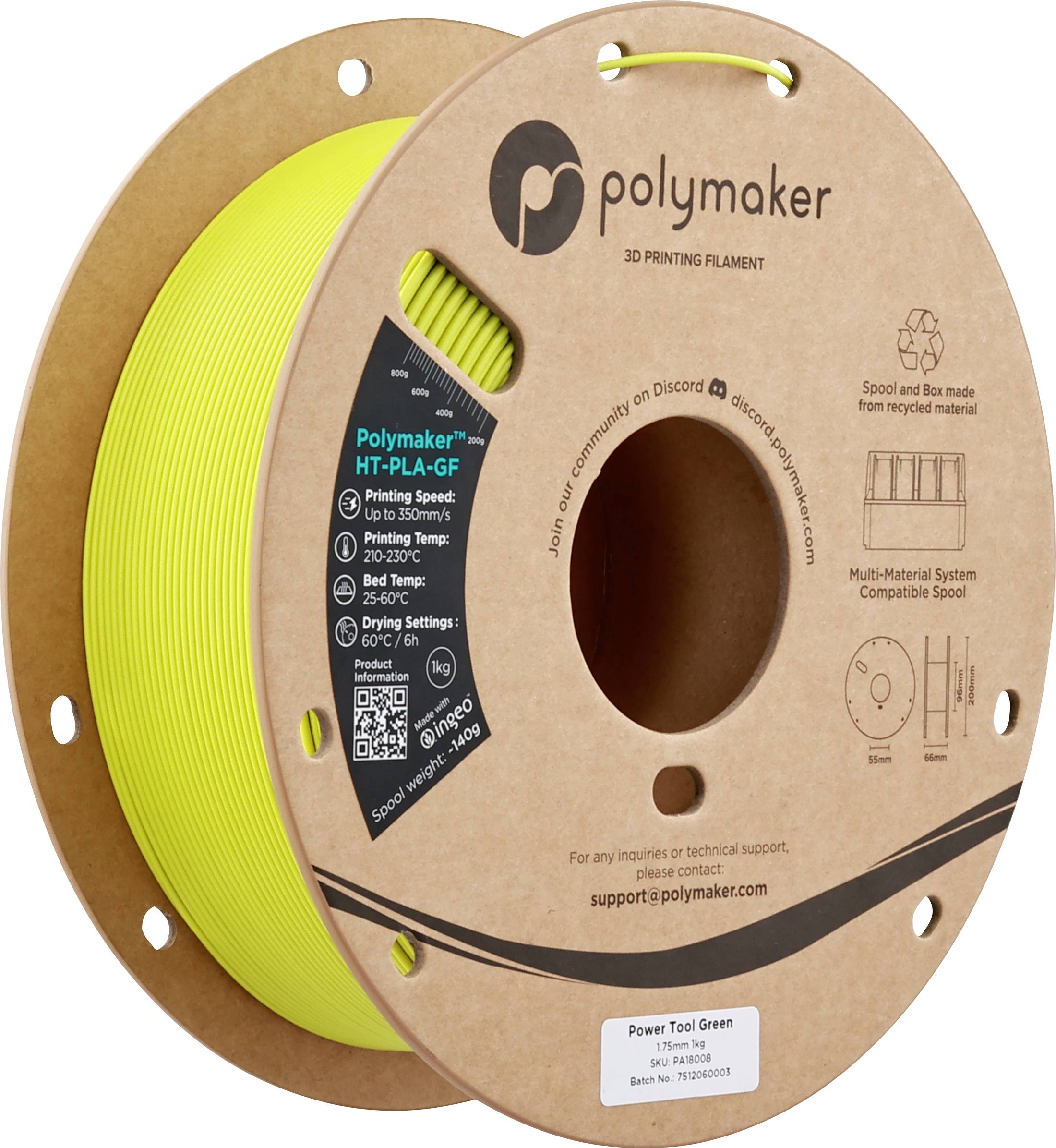 Polymaker PA18008 HT-PLA-GF Filament HT-PLA-GF résistant à haute température, renforcé de fibre de verre, mat, filament haute vitesse 1.75 mm 1000 g Power Tool Green, vert 1 pc(s)