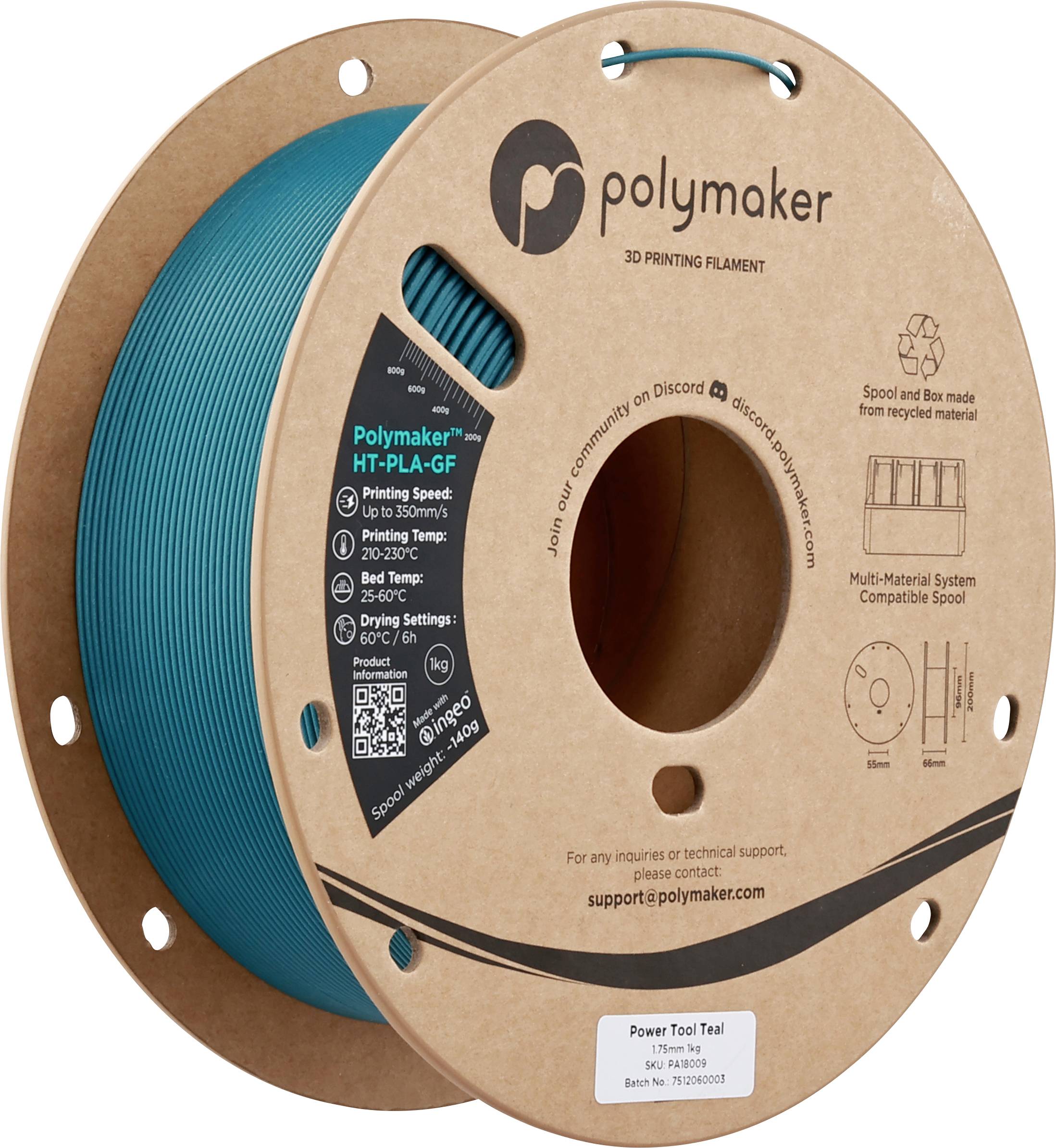Polymaker PA18009 HT-PLA-GF Filament HT-PLA-GF résistant à haute température, renforcé de fibre de verre, mat, filament haute vitesse 1.75 mm 1000 g Power Tool Teal, Teal 1 pc(s)
