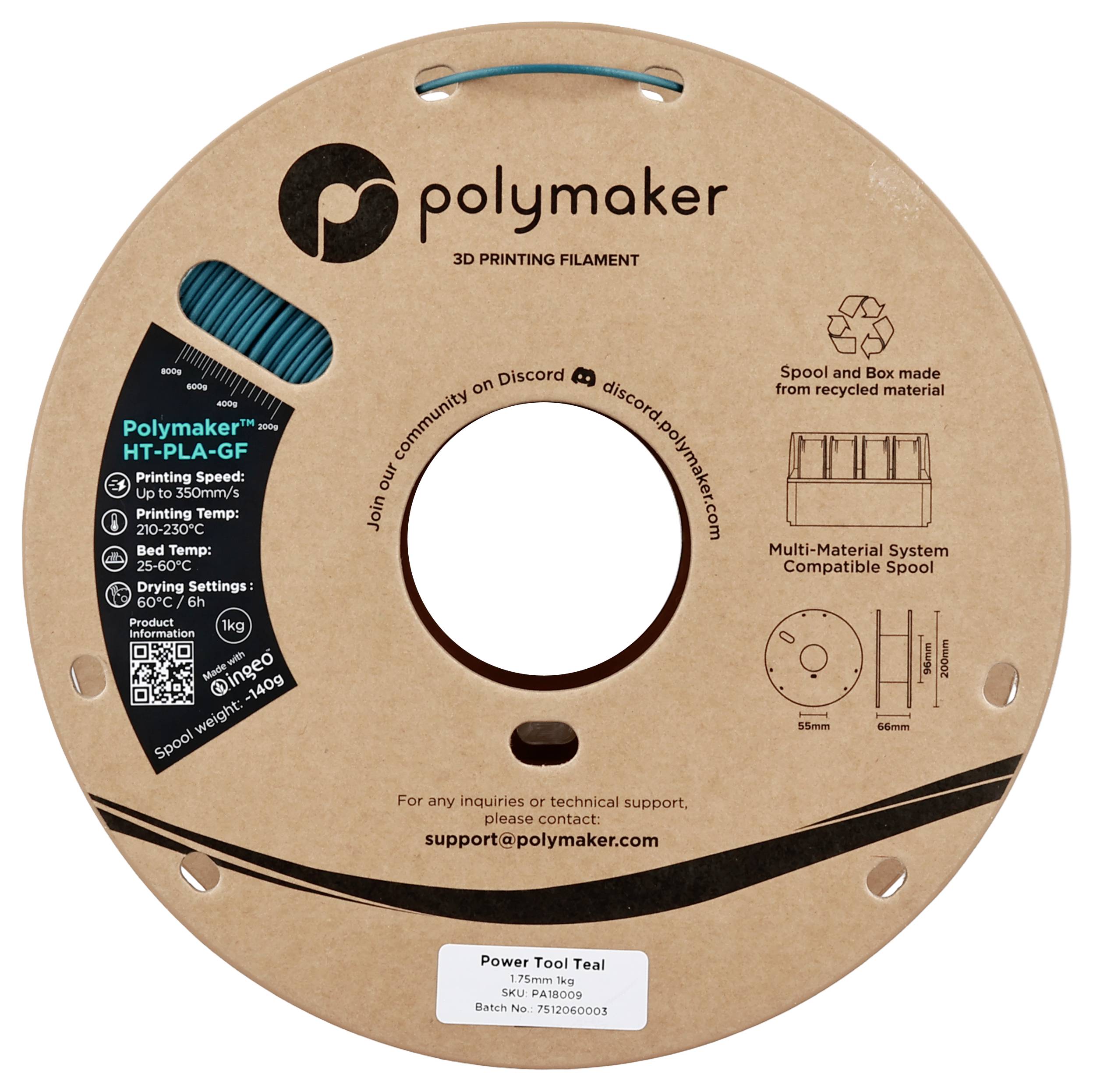 Une bobine de filament d'impression 3D Polymaker HT-PLA-GF « Power Tool Teal ». Bobine fabriquée à partir de matériaux recyclés. Contact : support@polymaker.com.