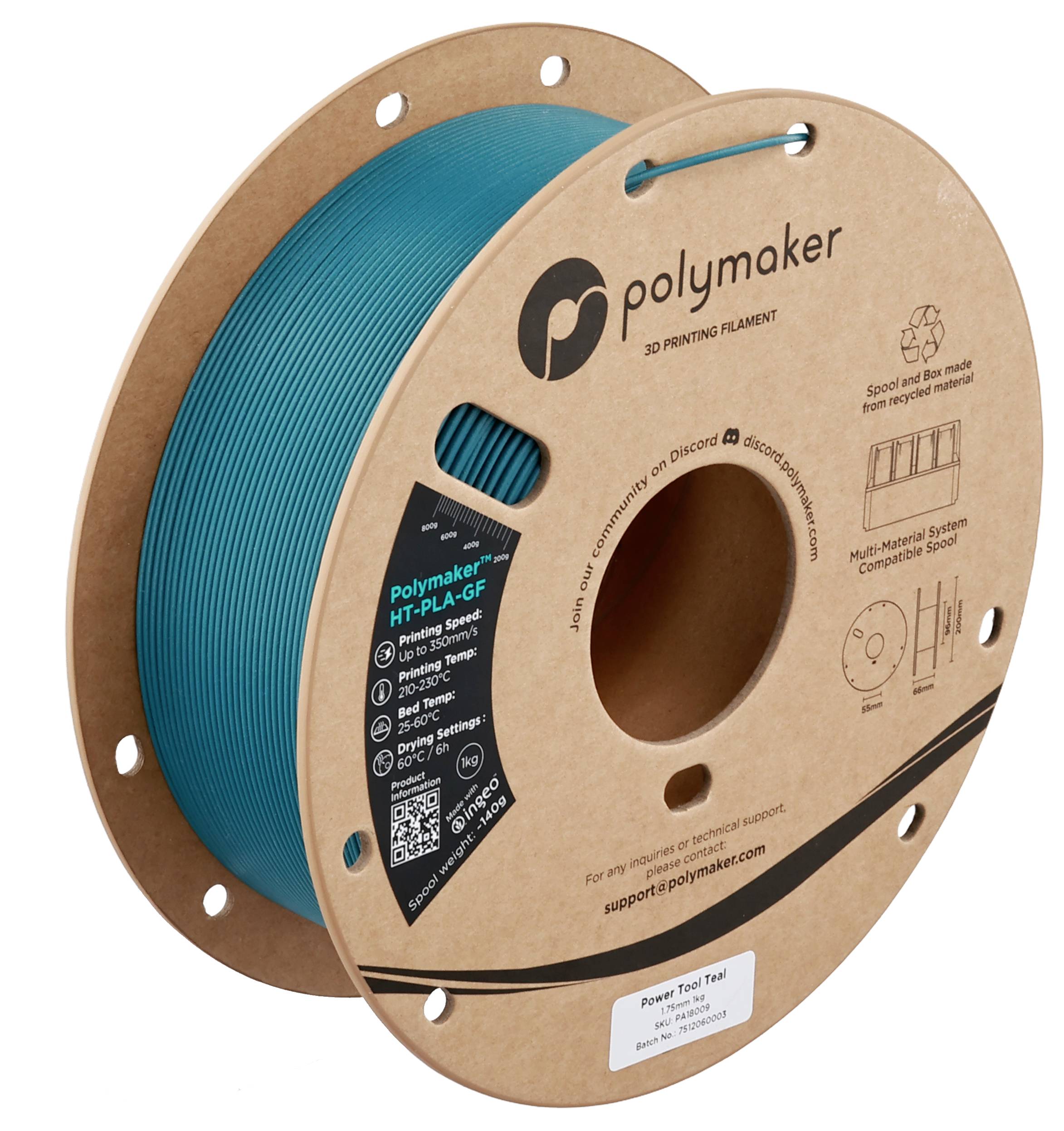 Une bobine bleu-vert de filament d'impression 3D HT-PLA-GF de Polymaker, présentant les spécifications du produit et les directives d'utilisation sur l'emballage.