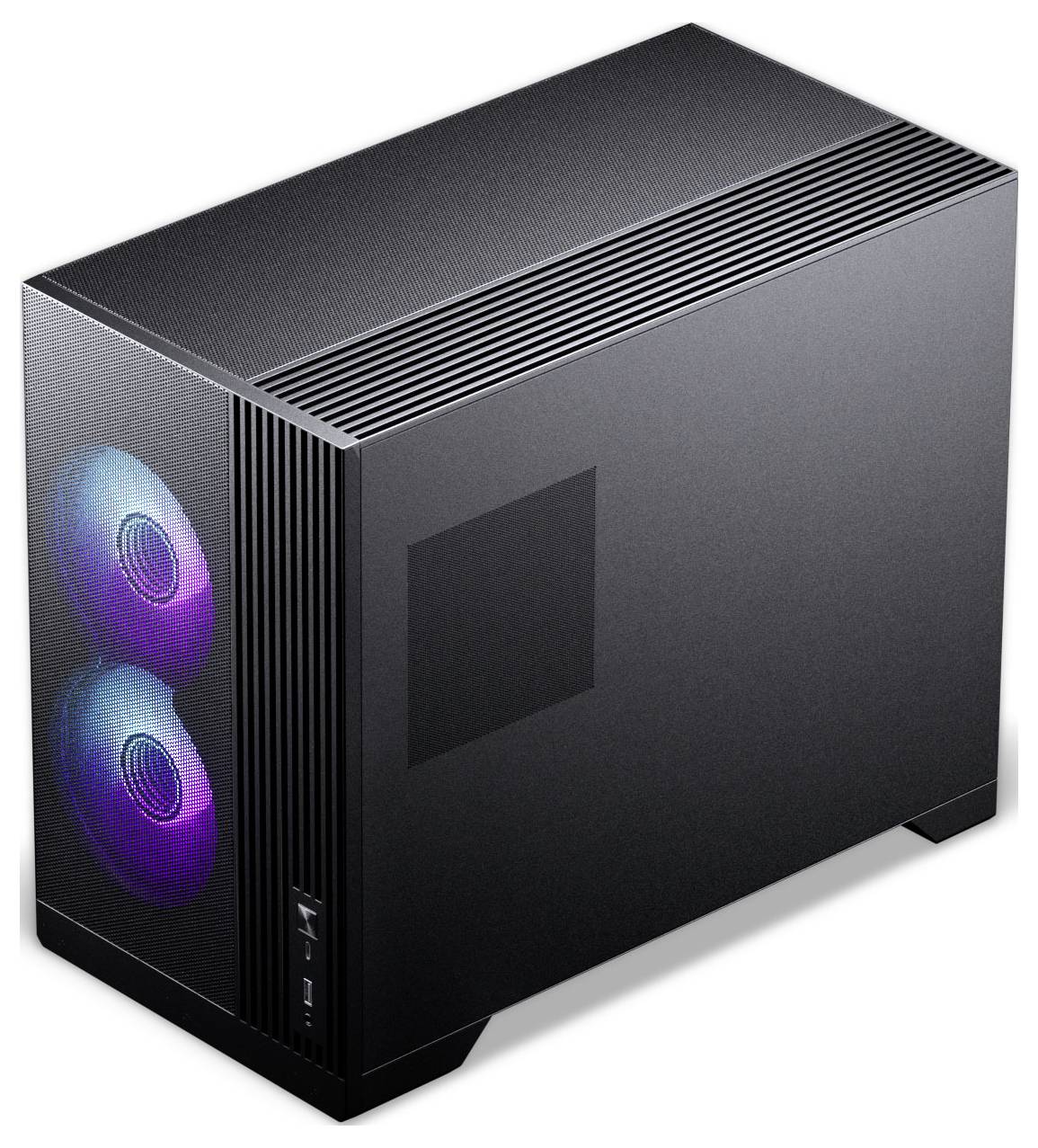 Une tour d'ordinateur noire avec deux ventilations circulaires lumineuses sur le côté, diffusant une lumière bleue et violette.