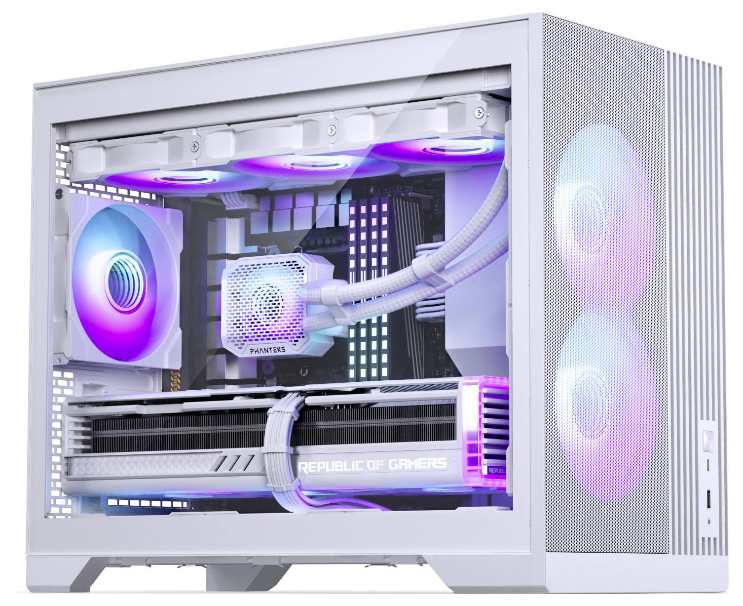 Un boîtier d'ordinateur de gaming blanc avec des éclairages RGB visibles et des ventiladores de refroidissement, mettant en valeur du matériel informatique haute performance étiqueté 'Republic of Gamers'.