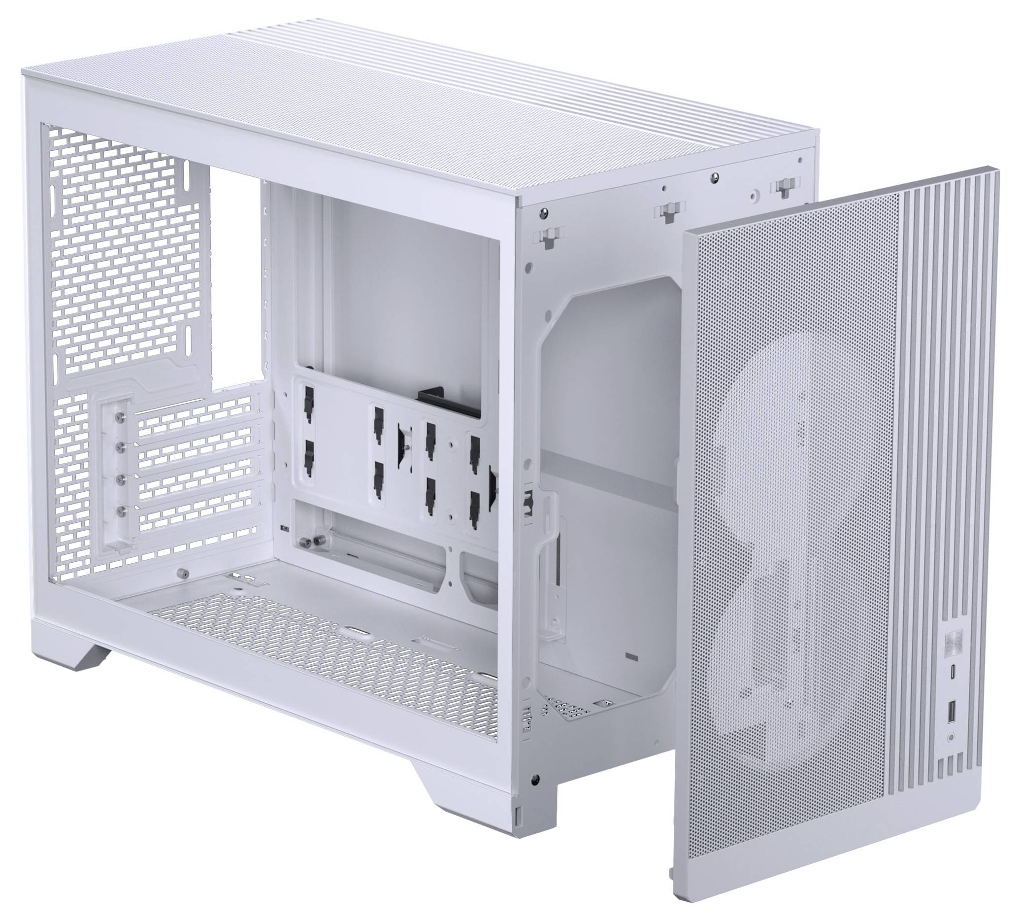 Un boîtier d'ordinateur blanc ouvert avec un panneau avant en maille, mettant en valeur l'espace pour les composants internes et les ventiladores de refroidissement.