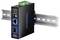 Commutateur réseau industriel TRENDnet TI-M11GFP monté sur un rail DIN, montrant les ports et les voyants lumineux pour la connectivité et l'état d'alimentation.