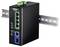 Un commutateur Ethernet industriel noir monté sur un rail métallique, doté de cinq ports réseau et de voyants lumineux verts.