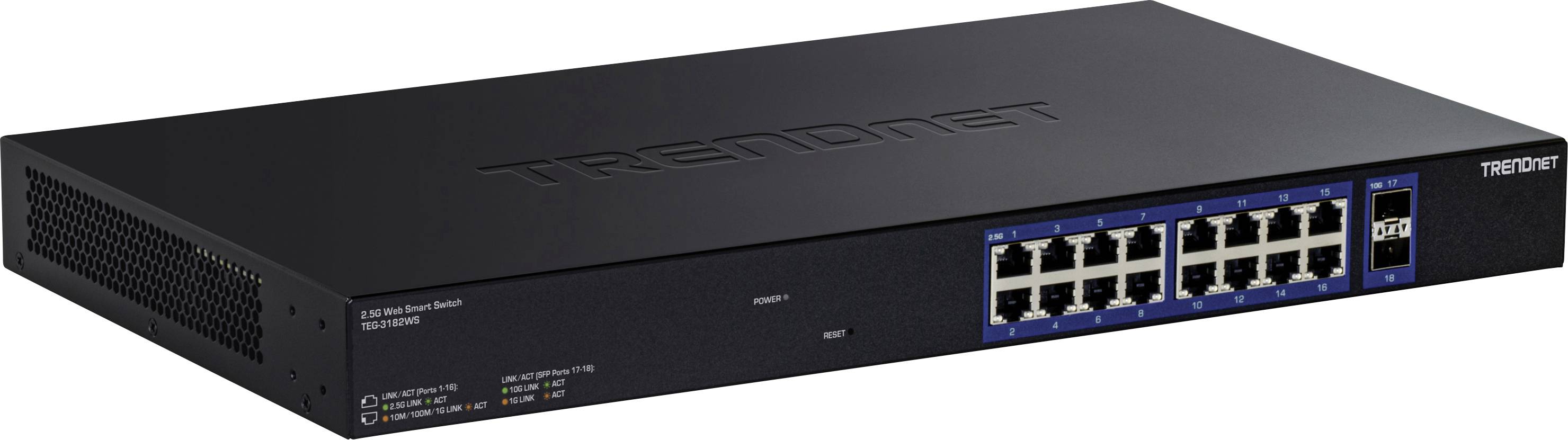 Un commutateur réseau TRENDnet noir avec 16 ports Ethernet et des indicateurs LED sur le panneau avant, conçu pour étendre les connexions réseau.