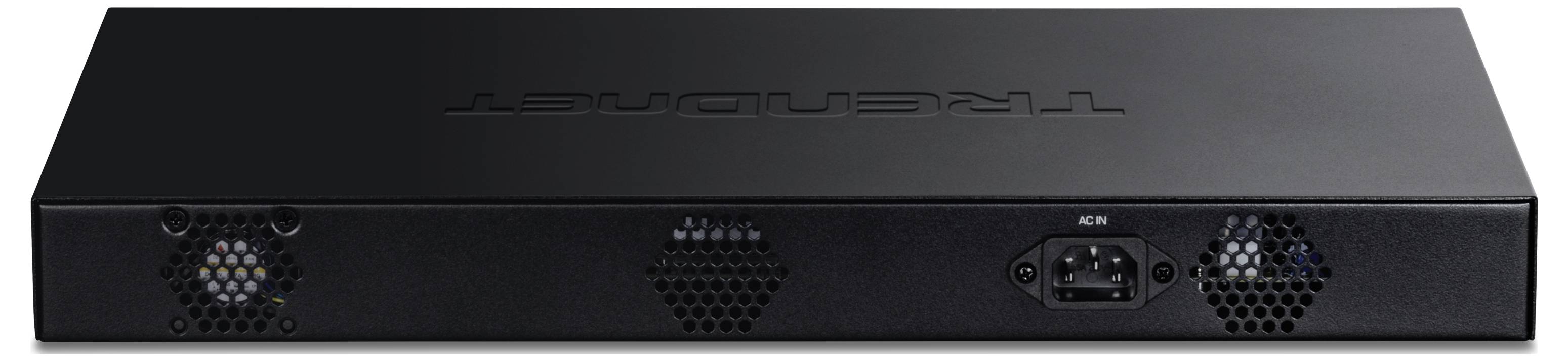 Un appareil de montage en rack TRENDnet noir avec des ventilations de refroidissement arrière et un port de connexion d'alimentation.