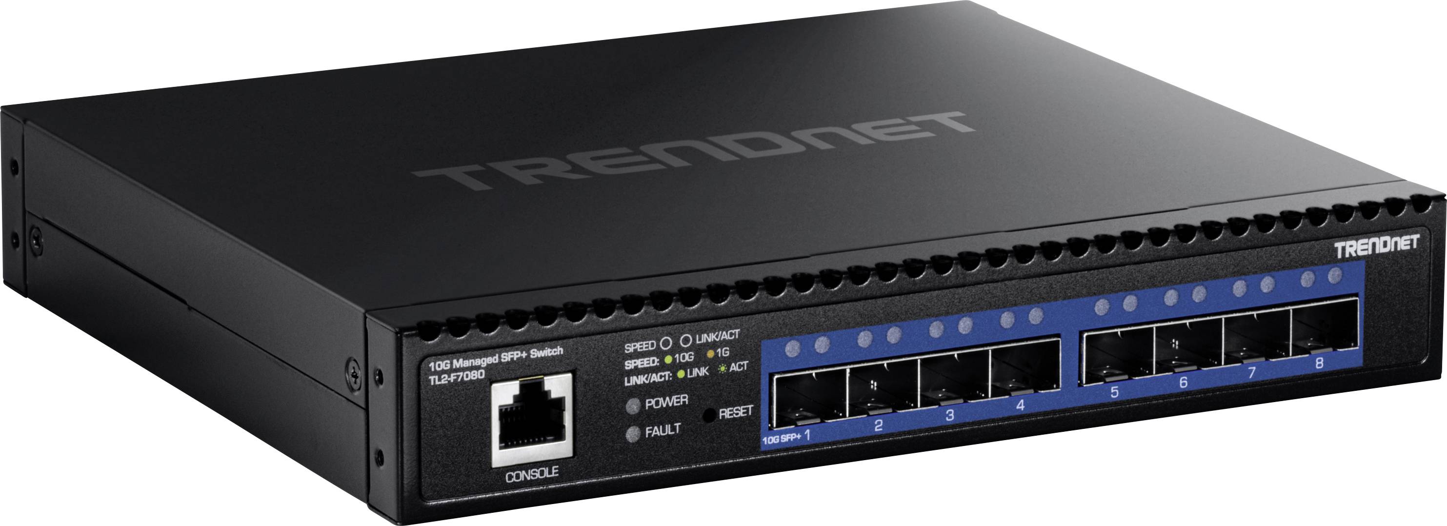Un commutateur réseau noir avec plusieurs ports étiquetés pour des connexions à fibres optiques et un port Ethernet sur la gauche, affichant des voyants indicateurs.