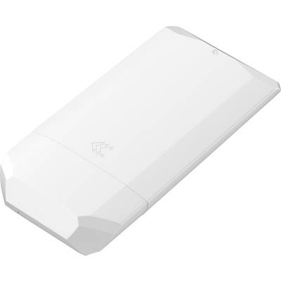 Un dispositif électronique blanc rectangulaire avec un petit logo près du sommet, présentant un design biseauté et une petite marque circulaire sur un côté.