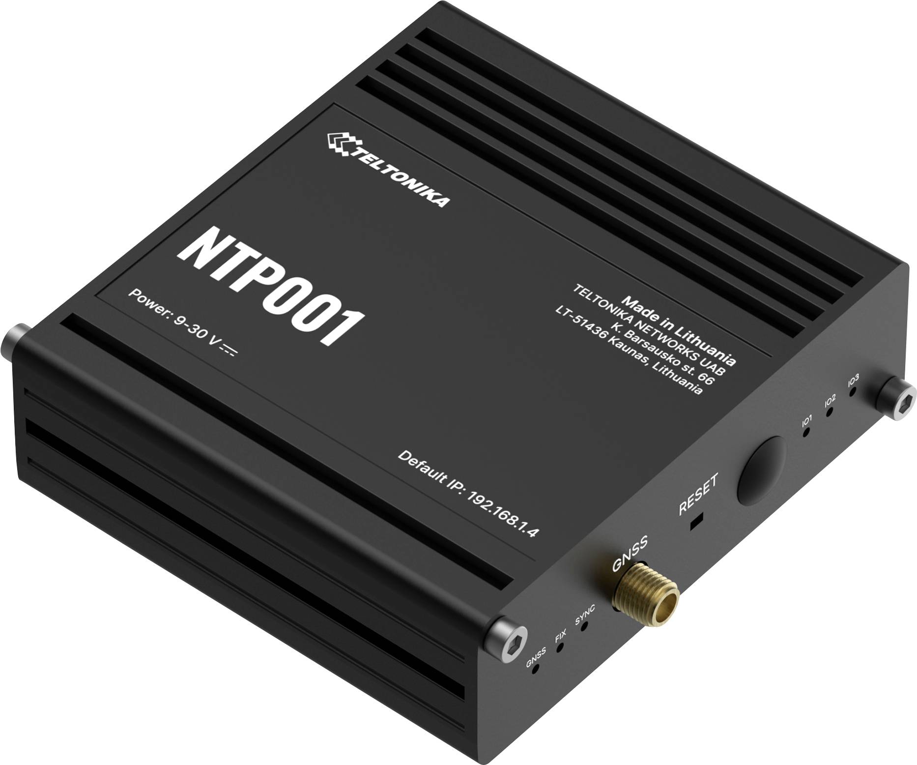 Dispositif réseau 'TELTONIKA NTP001', affichant une alimentation '9-30V', adresse IP par défaut '192.168.1.4', fabriqué en Lituanie. Comprend une entrée d'antenne 'GNSS'.
