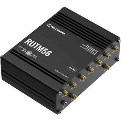 Un appareil Teltonika RUTM56 noir doté de plusieurs ports d'antenne, étiqueté eSIM, avec les détails du modèle imprimés sur le dessus.