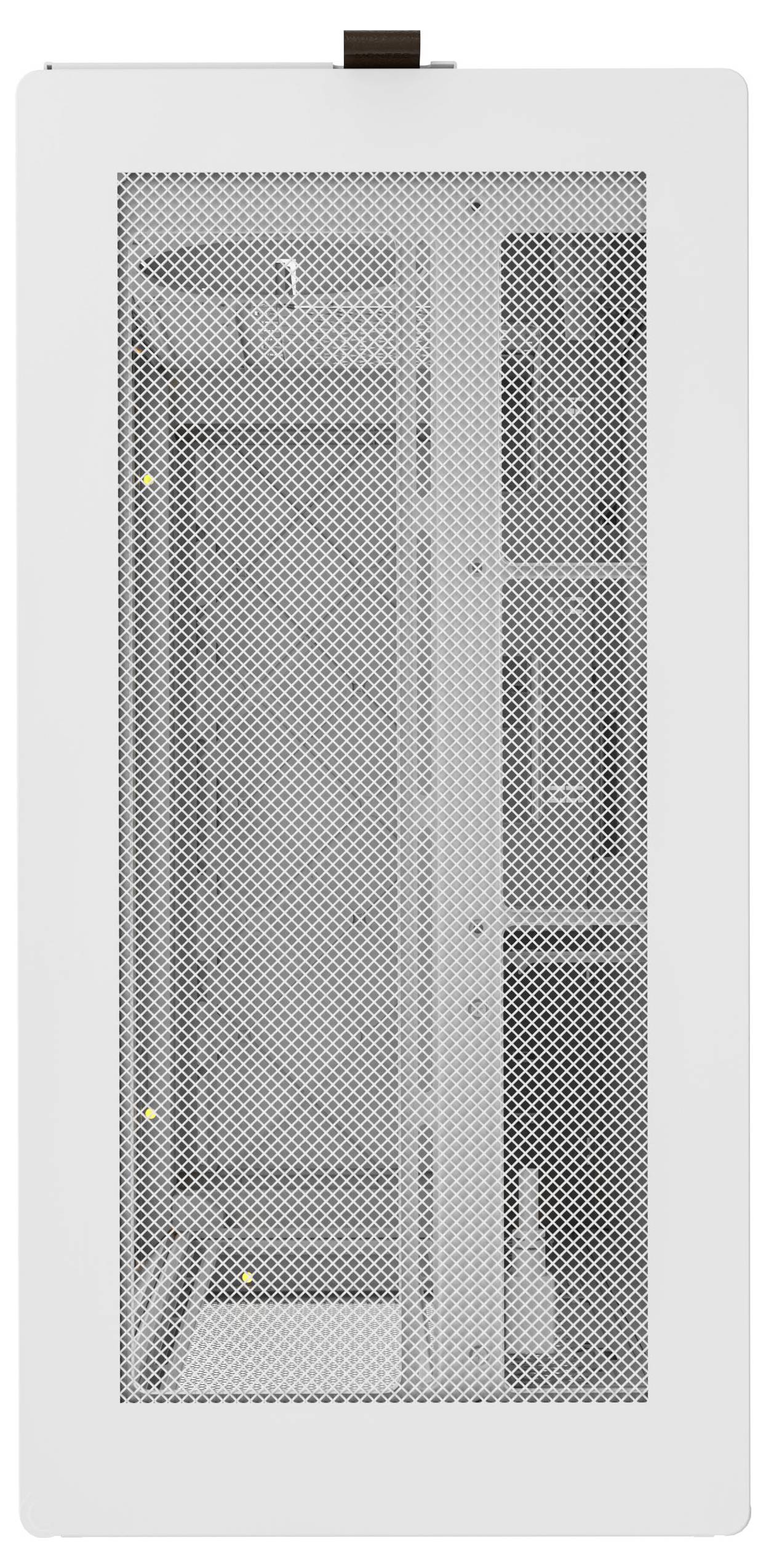 Une porte d'armoire rectangulaire blanche avec un design en maille métallique, laissant entrevoir les étagères à l'intérieur, dont une supportant une petite bouteille.