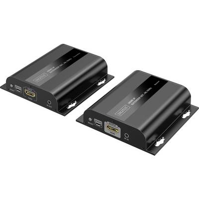 Deux dispositifs électroniques noirs étiquetés « DIGITUS » sont présentés. Les deux possèdent des ports HDMI et USB, et sont étiquetés « Ensemble d'extendeur HDMI 4K, 120 m/394 pi ».