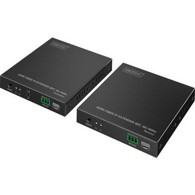 Deux dispositifs d'extension de fibre IP HDMI noirs étiquetés « Émetteur » et « Récepteur », prenant en charge 4K 60Hz avec plusieurs ports affichés.